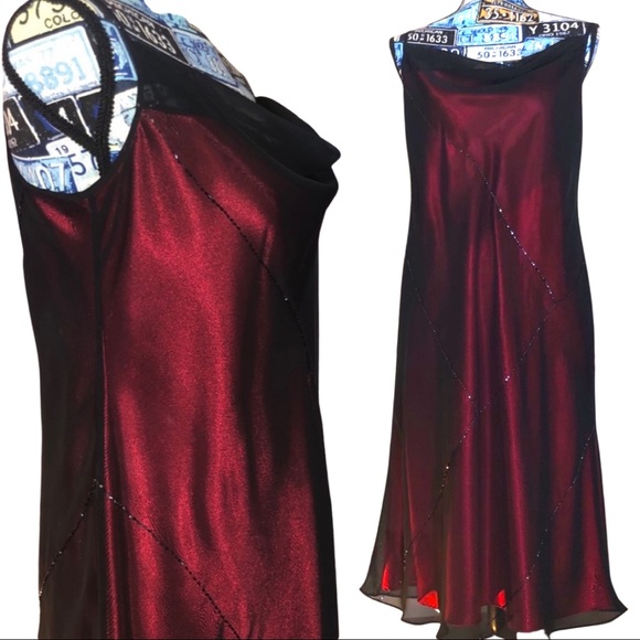 Red Satin Sheen Sequin Semi Formal Layered Petite - Picture 2 of 9